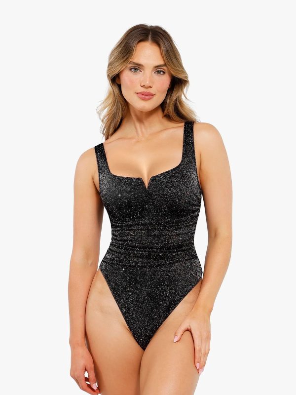 Shapewear Square Neck Ruched Metallic Knit Slimming Bodysuit