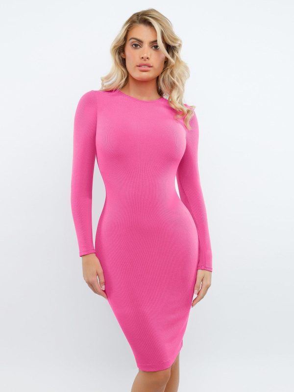 Crew Neck Built-In Shapewear Long Sleeve Midi Dress