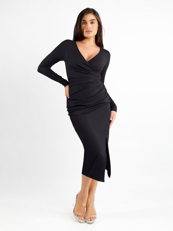 Built-In Shapewear Ruched Long Sleeve Split Midi Dress